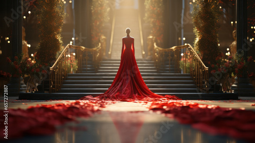 The woman in a long red dress stands in front of the illuminated and richly decorated staircase, generative AI © Oleksandr