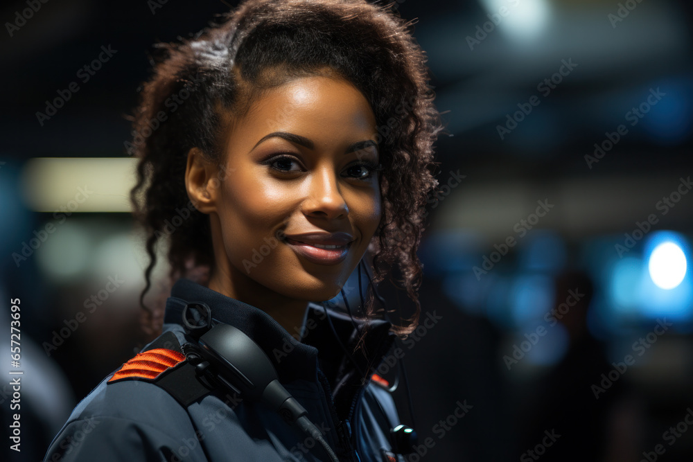 Smiling African-American female security guard in control room, closeup portrait Smiling African-American female security guard in control room, closeup portrait
