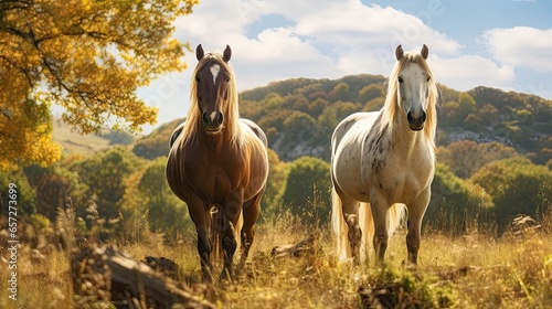 Two horses graze together in a huge  sunlit field.
