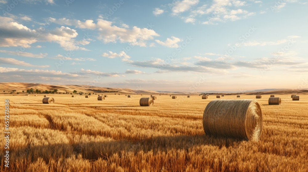 An image of a sunlit field filled with bales of hay.