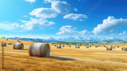 An image of a sunlit field filled with bales of hay.