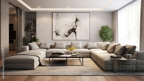 Modern Living Room: Sleek Gray Sofa Amidst Contemporary Decor © John Boss