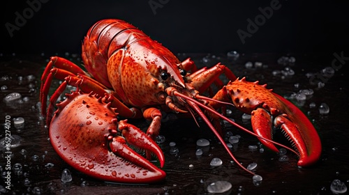 Image of a red lobster on a dark background. © kept