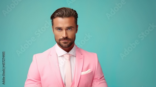 Happy and Attractive Man Wearing Pastel Color Suit with Beautiful Vibrant Background © Sohaib q