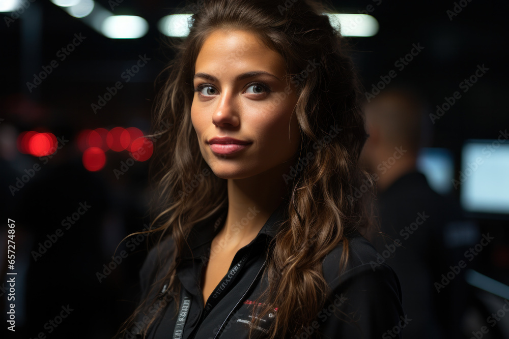 Smiling caucasian female security guard in control room, closeup portrait