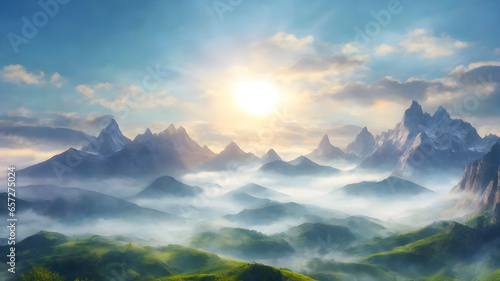 Mountain landscape. Panoramic view of the mountains and the sun