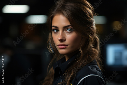 Smiling caucasian female security guard in control room, closeup portrait © Olga