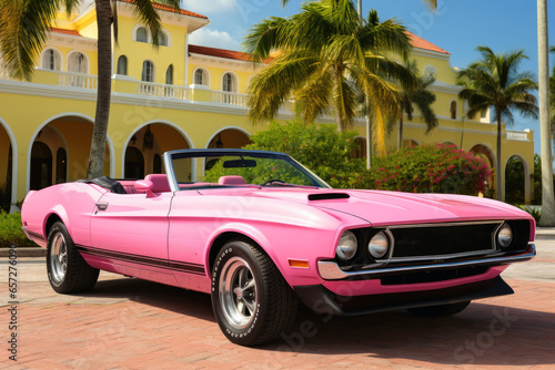 Pink convertible from the 70s in an avenue of palm trees. © Nicole