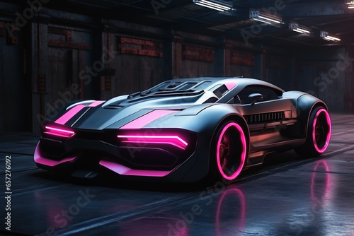 Powerful futuristic muscle car in pink color. © Nicole