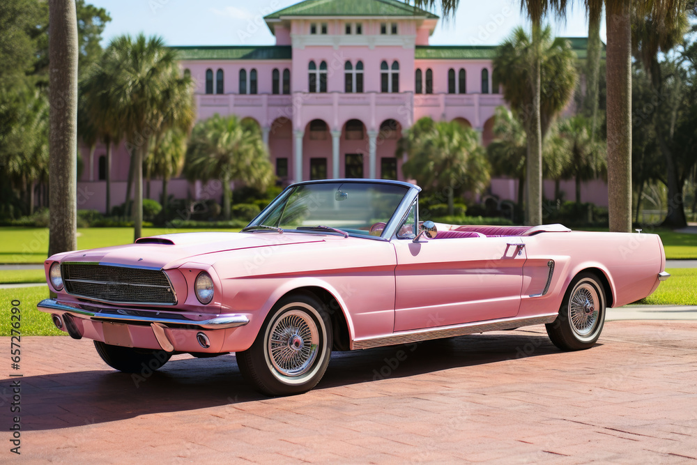 Pink convertible from the 70s in an avenue of palm trees. - obrazy, fototapety, plakaty 