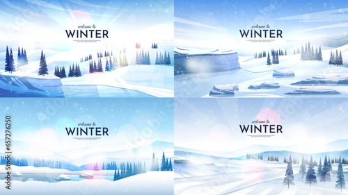 Vector illustration. Flat landscape. Snowy background. Snowdrifts. Snowfall. Clear blue sky. Blizzard. Cartoon wallpaper. Cold weather. Winter season. Design elements for web banner, website template