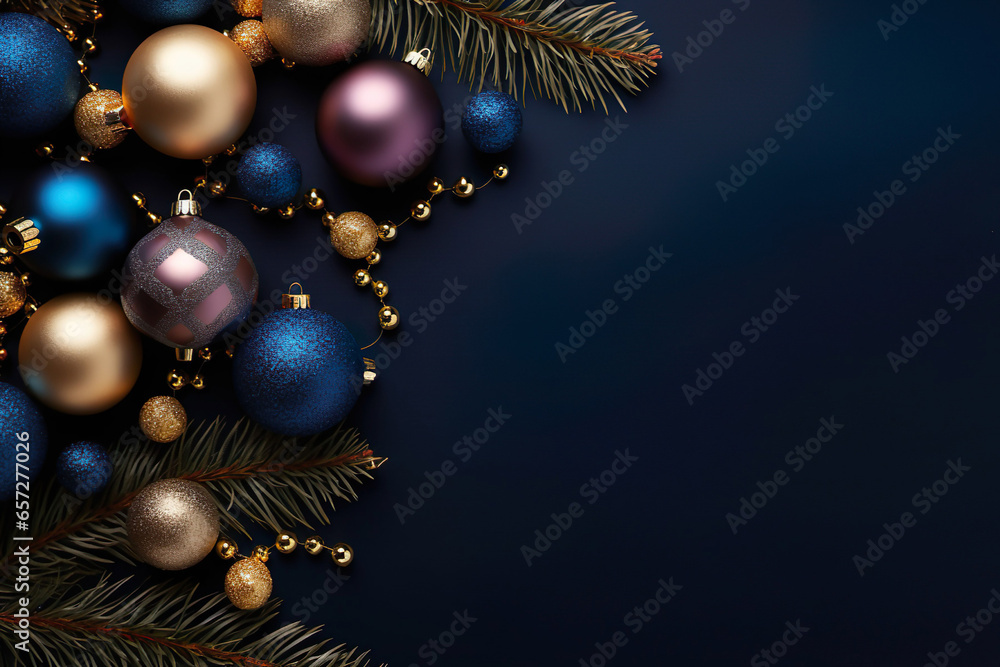 dark blue and golden christmas balls with fir tree branches on dark blue ground with space for text, christmas background dark blue and golden christmas balls with fir tree branches on dark blue ground with space for text, christmas background