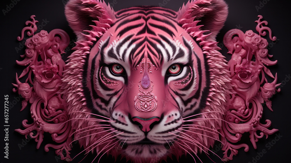 Fototapeta premium Close-up portrait of a tiger with a pink ornament around its head on a black background, generative AI
