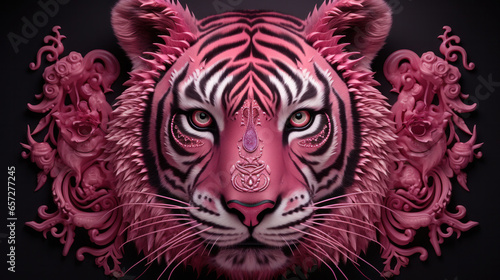 Close-up portrait of a tiger with a pink ornament around its head on a black background  generative AI