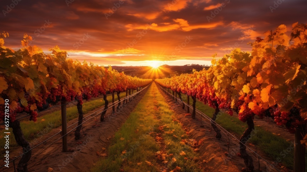 Fototapeta premium vineyard in the sunset. Generative AI 
