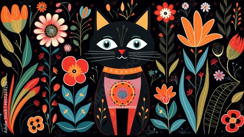 Beautiful humorous cat and flowers print folk art style simp Ai generated art