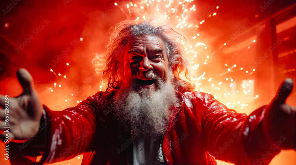 Man with long white beard and red jacket with fireworks in the background.
