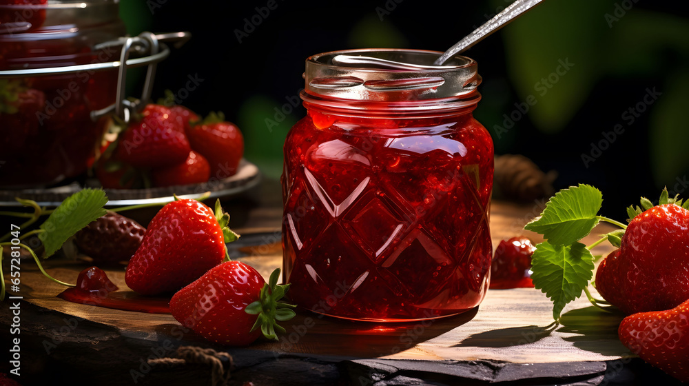 Strawberry jam in a glass jar on a wooden table. Strawberry jam in a glass jar on a wooden table.