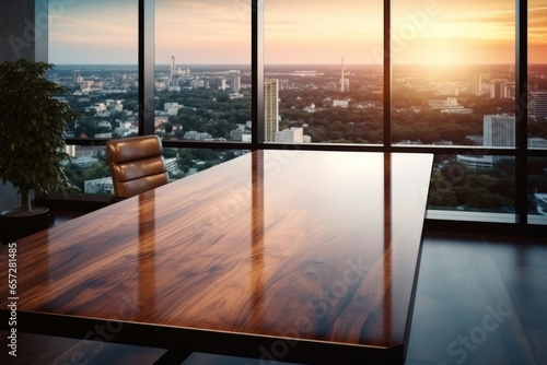 Wooden table and chair in modern office room with panoramic city view and sunset background. High quality photo