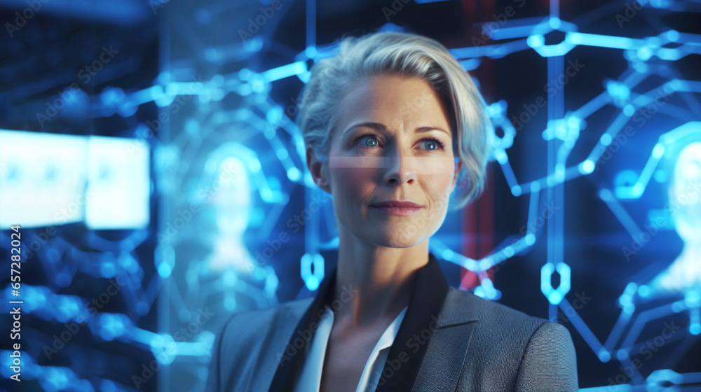 Obraz premium Middle-aged businesswoman against the background of screen hologram. Future technology, cybersecurity. Banner.