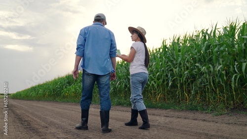 Two farmers with digital tablet inspect corn field, harvest. Digital technologies in agriculture. Business people grow corn. Teamwork of farmers in corn field. Agricultural industry concept. Workers
