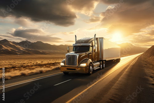 In the logistics industry  a massive cargo truck speeds along a desert highway  hauling freight under a vibrant sunset  symbolizing efficient transportation and supply chain management.