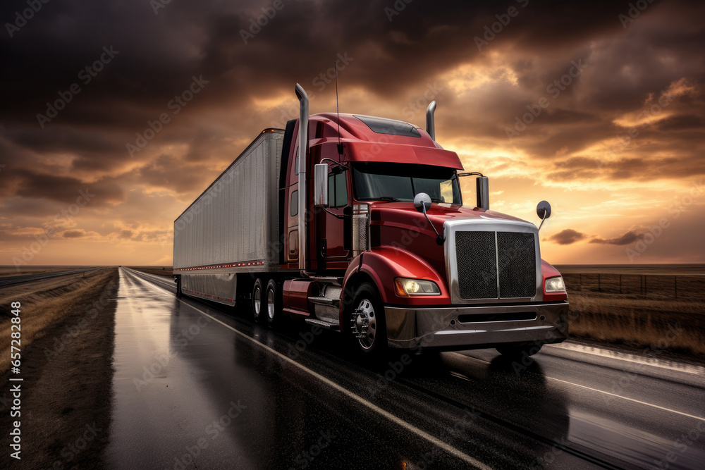 In the logistics industry, a massive cargo truck speeds along a desert highway, hauling freight under a vibrant sunset, symbolizing efficient transportation and supply chain management.