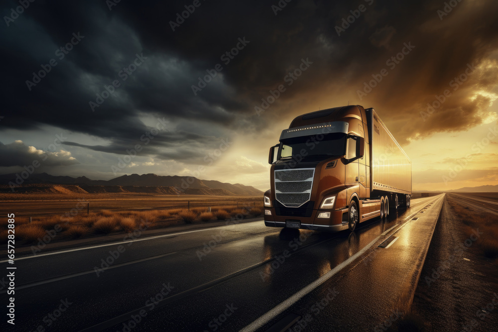 In the logistics industry, a massive cargo truck speeds along a desert highway, hauling freight under a vibrant sunset, symbolizing efficient transportation and supply chain management.