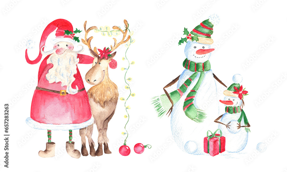 Set of two Christmas illustrations with cute snowman family and Santa Claus with a reindeer. Hand drawn watercolor illustrations isolated on white background. Good for Christmas cards and New Year's Set of two Christmas illustrations with cute snowman family and Santa Claus with a reindeer. Hand drawn watercolor illustrations isolated on white background. Good for Christmas cards and New Year's