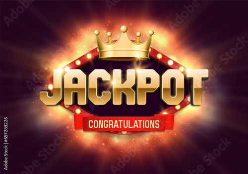 Shining sign Jackpot with golden crown on a bright background. Vector illustration.