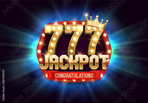 Shining Jackpot sign with lucky sevens and a golden crown. Vector illustration.