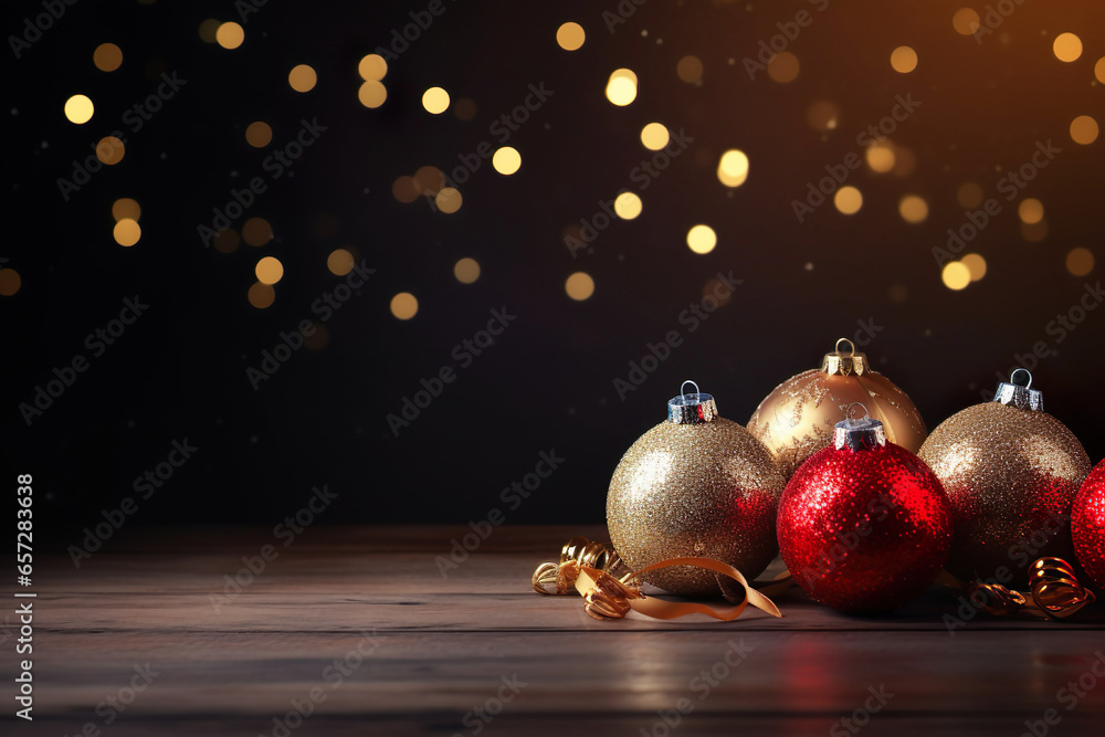 red and golden glitter christmas balls in front of a dark bokeh background with space for text, christmas background red and golden glitter christmas balls in front of a dark bokeh background with space for text, christmas background