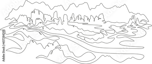 Mountain landscape. Canyon. Desert in the south. Rocky Mountains. Wild nature. Monument Valley.One continuous line. Linear. Hand drawn, white background.