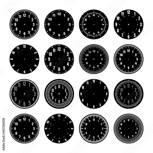 Mechanical clock faces, watch dial with numerals, bezel. Timer or stopwatch element with minute, hour marks and numbers. Blank measuring circle scale with divisions. Vector illustration