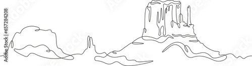 Mountain landscape. Canyon. Desert in the south. Rocky Mountains. Wild nature. Monument Valley.One continuous line. Linear. Hand drawn, white background.