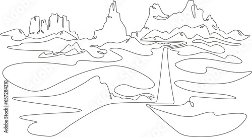 Mountain landscape. Canyon. Desert in the south. Rocky Mountains. Wild nature. Monument Valley.One continuous line. Linear. Hand drawn, white background.