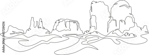 Mountain landscape. Canyon. Desert in the south. Rocky Mountains. Wild nature. Monument Valley.One continuous line. Linear. Hand drawn, white background.