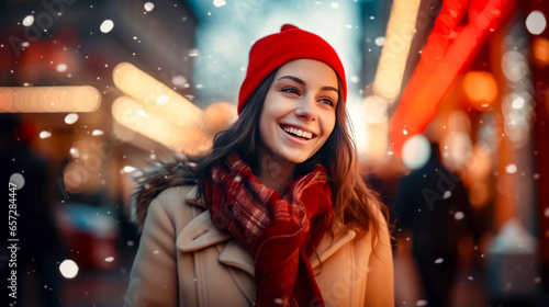 Woman in red hat and scarf smiles while standing in the snow.
