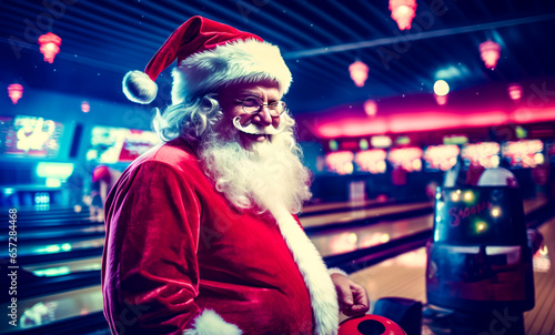 Man in santa suit holding bowling ball and wearing santa hat.