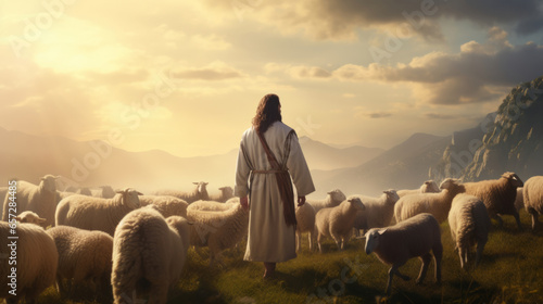 Shepherd Jesus Christ leading flock of sheep and worshipping God. Christian and worship