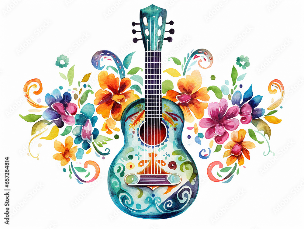 Watercolor guitar with flowers on white background - obrazy, fototapety, plakaty 