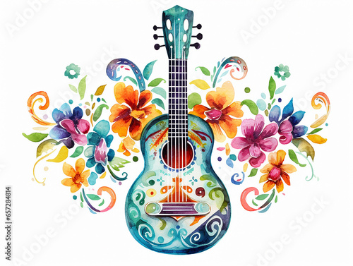 Watercolor guitar with flowers on white background