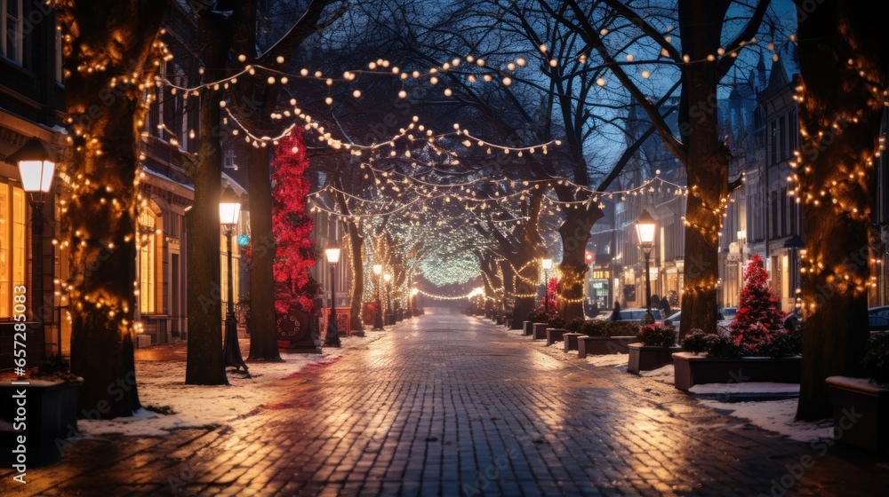 Colorful Christmas lights and decorations on a city street - obrazy, fototapety, plakaty 