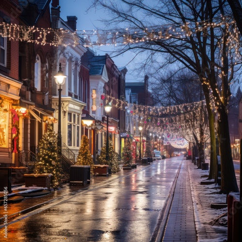 Colorful Christmas lights and decorations on a city street