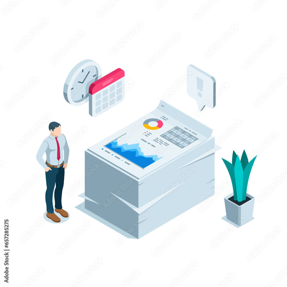 isometric business man near a high stack of papers with statistical data, in color on a white background, a large amount of work or paper work isometric business man near a high stack of papers with statistical data, in color on a white background, a large amount of work or paper work
