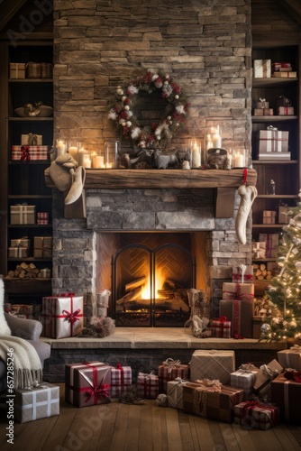 Cozy living room with Christmas tree, stockings, and fire crackling.