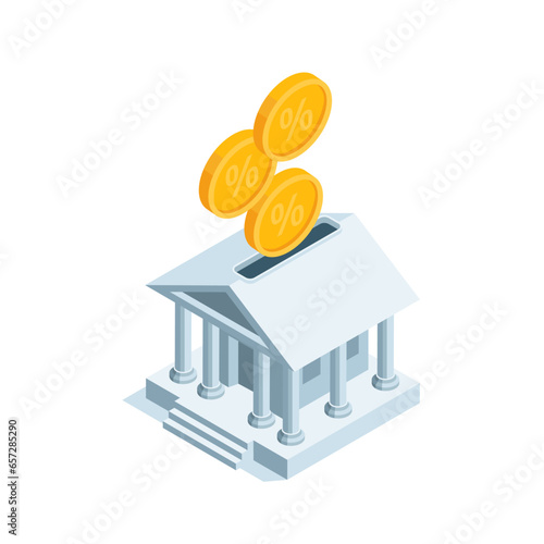 isometric bank with a hole like a piggy bank and falling coins, in color on a white background, deposit or money savings