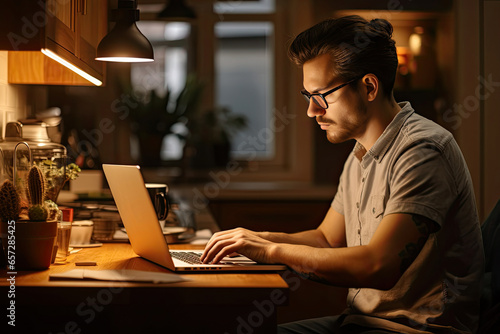 Freelance young man working sitting on table using laptop computer.