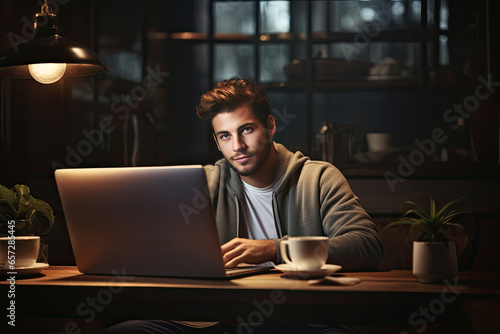 Freelance young man working sitting on table using laptop computer.