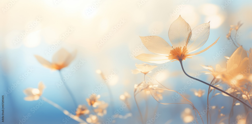 Fototapeta premium Spring floral background. Blossoming tree flowers on a branch with sun flare. Beautiful blooming yellow flowers on long stalks close-up with soft focus